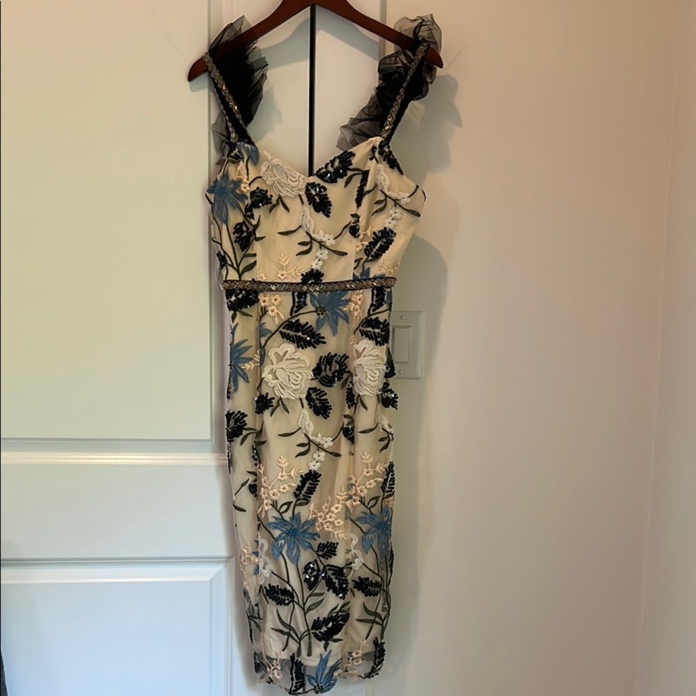 Lulu's Cream Midi Dress with Black and Blue Floral Embroidery